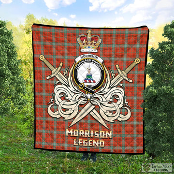 Morrison Red Ancient Tartan Quilt with Clan Crest and the Golden Sword of Courageous Legacy