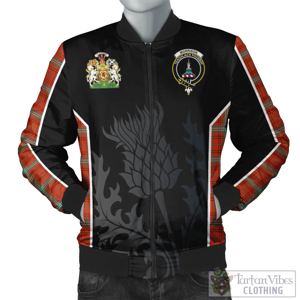 Tartan Vibes Clothing Morrison Red Ancient Tartan Bomber Jacket with Family Crest and Scottish Thistle Vibes Sport Style