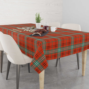 Morrison Red Ancient Tartan Tablecloth with Clan Crest and the Golden Sword of Courageous Legacy