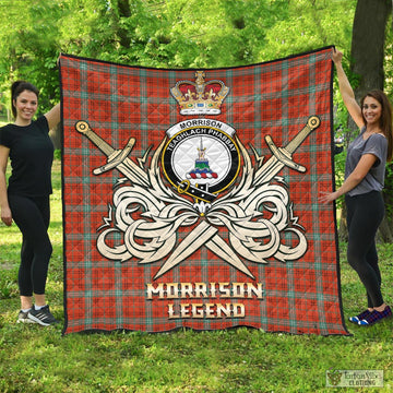 Morrison Red Ancient Tartan Quilt with Clan Crest and the Golden Sword of Courageous Legacy