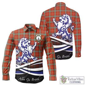 Morrison Red Ancient Tartan Long Sleeve Button Up Shirt with Alba Gu Brath Regal Lion Emblem