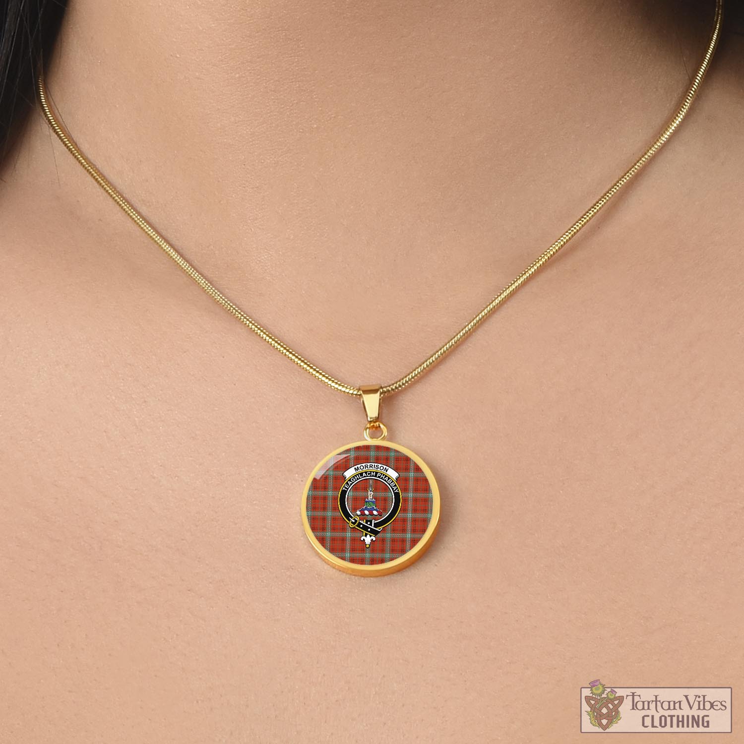Tartan Vibes Clothing Morrison Red Ancient Tartan Circle Necklace with Family Crest