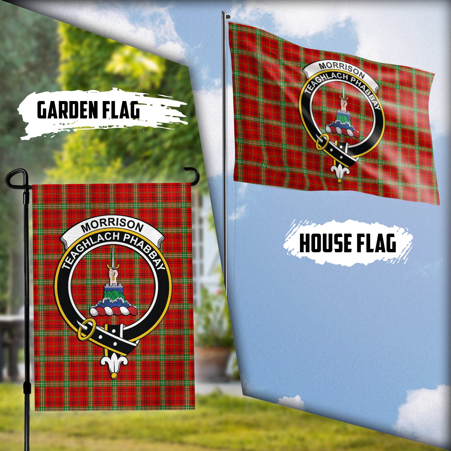 morrison-red-modern-tartan-flag-with-family-crest