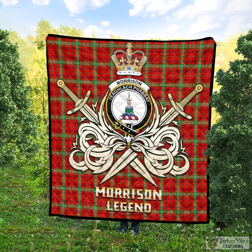 Tartan Vibes Clothing Morrison Red Modern Tartan Quilt with Clan Crest and the Golden Sword of Courageous Legacy