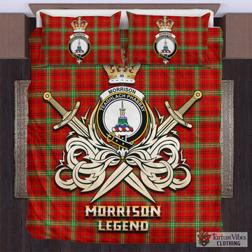 Morrison Red Modern Tartan Bedding Set with Clan Crest and the Golden Sword of Courageous Legacy