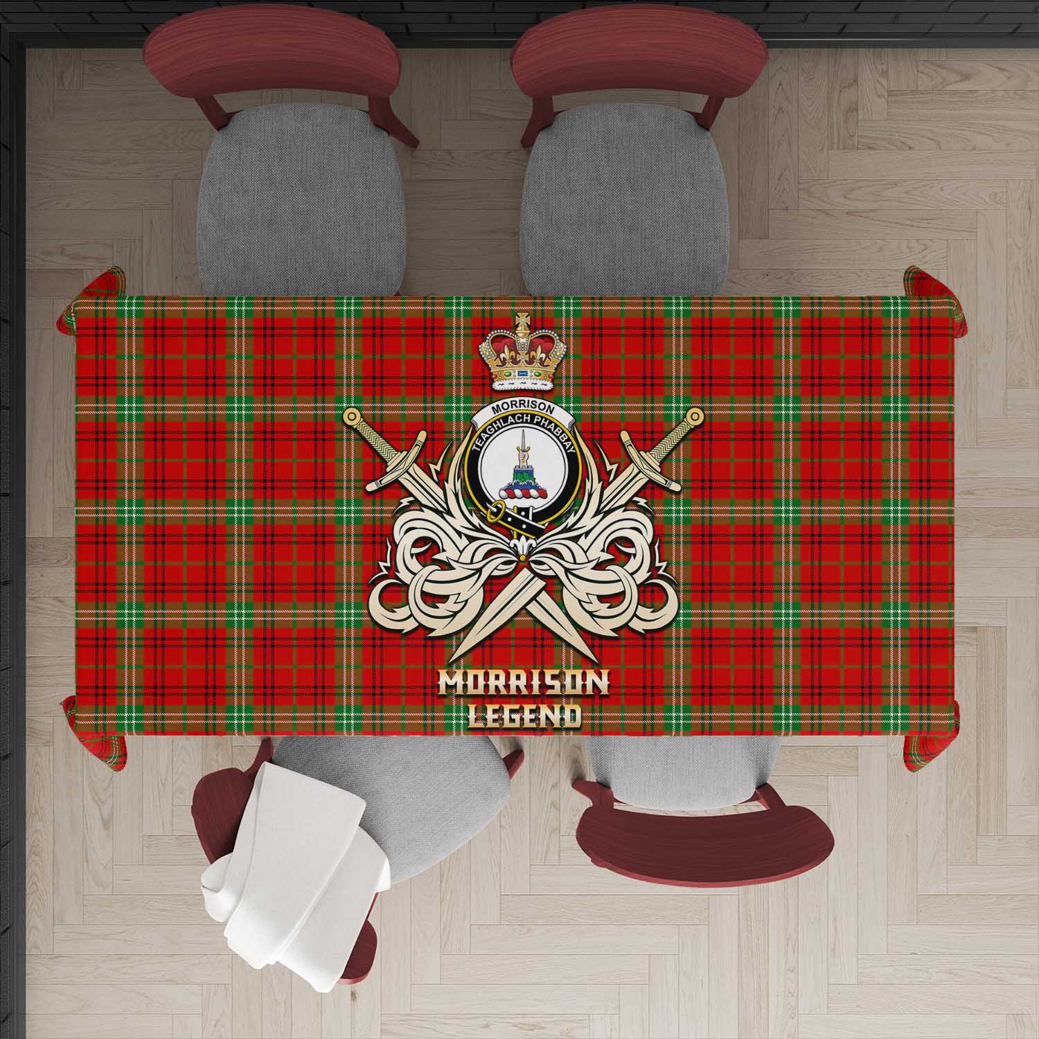 Tartan Vibes Clothing Morrison Red Modern Tartan Tablecloth with Clan Crest and the Golden Sword of Courageous Legacy