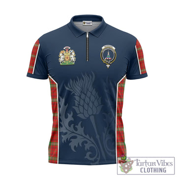 Morrison Red Modern Tartan Zipper Polo Shirt with Family Crest and Scottish Thistle Vibes Sport Style