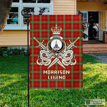 Morrison Red Modern Tartan Flag with Clan Crest and the Golden Sword of Courageous Legacy