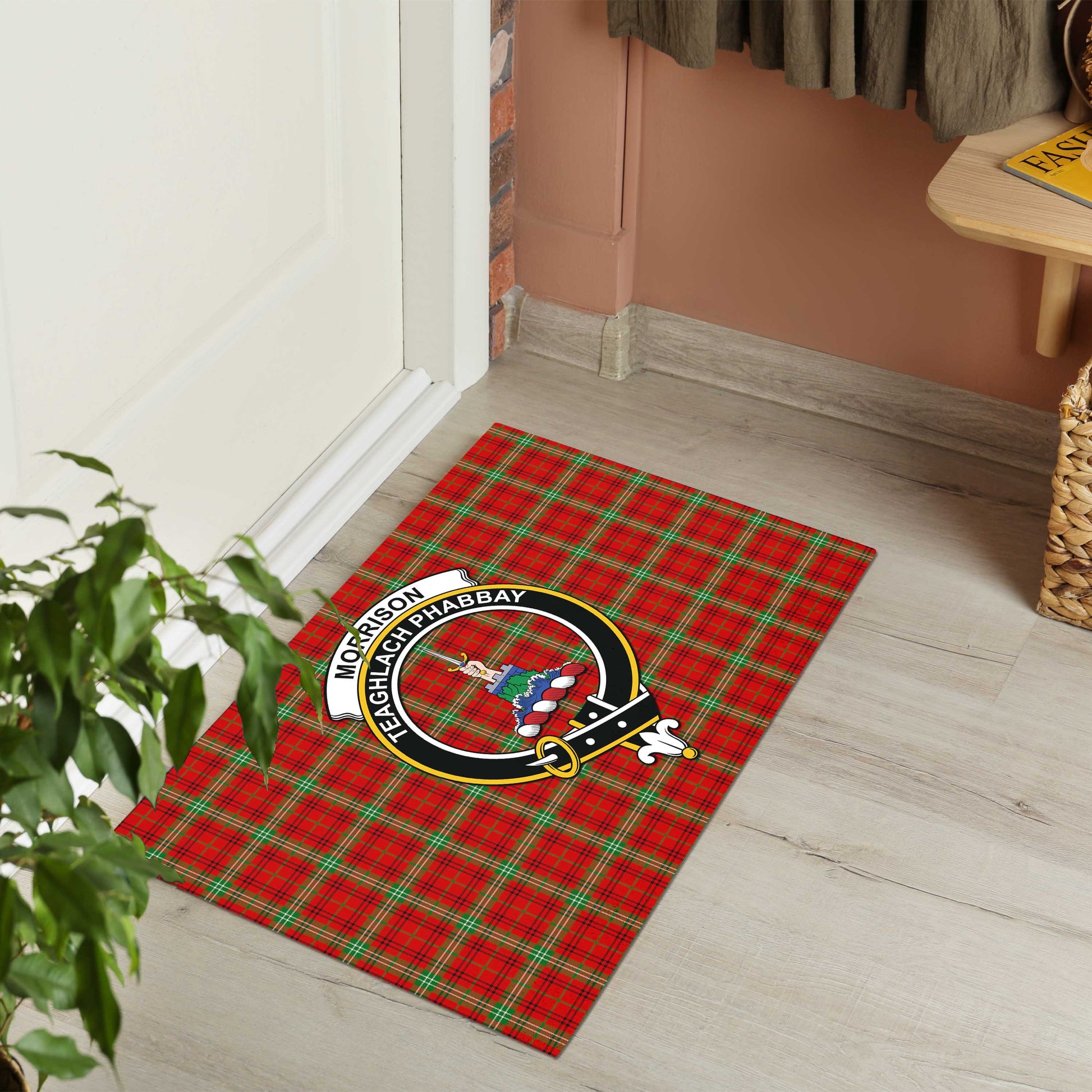 Morrison Red Modern Tartan Door Mat with Family Crest - Tartanvibesclothing