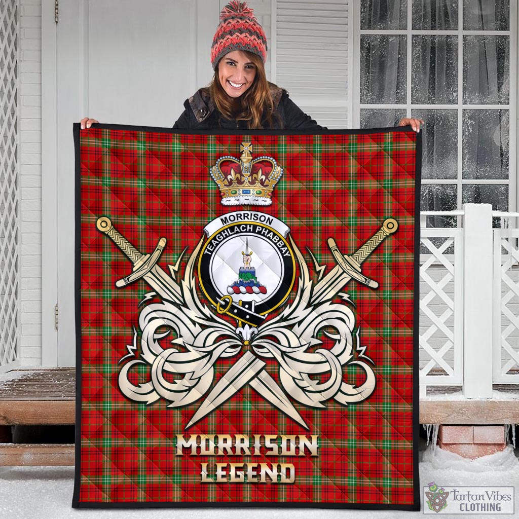 Tartan Vibes Clothing Morrison Red Modern Tartan Quilt with Clan Crest and the Golden Sword of Courageous Legacy