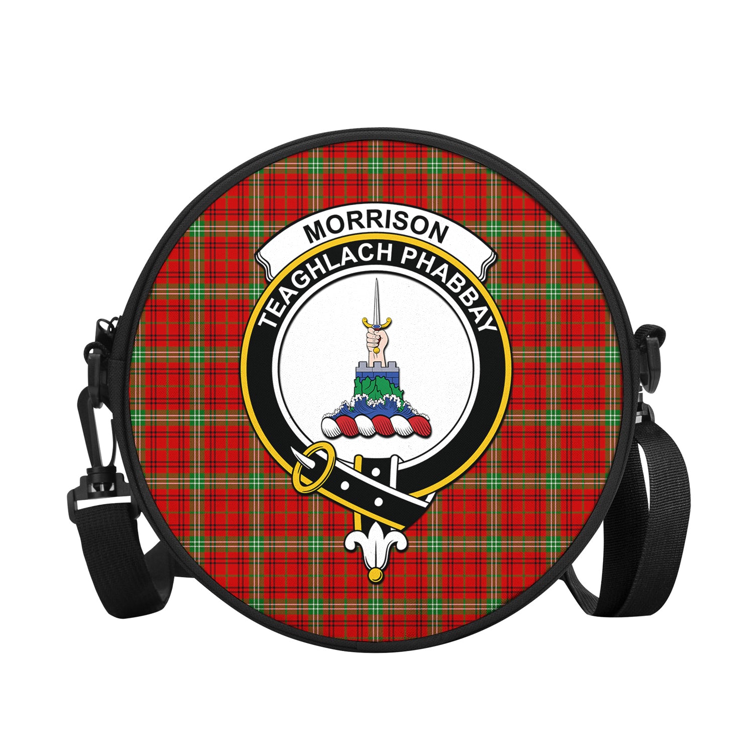 morrison-red-modern-tartan-round-satchel-bags-with-family-crest