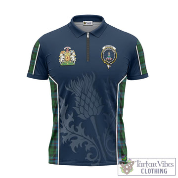 Morrison Society Tartan Zipper Polo Shirt with Family Crest and Scottish Thistle Vibes Sport Style