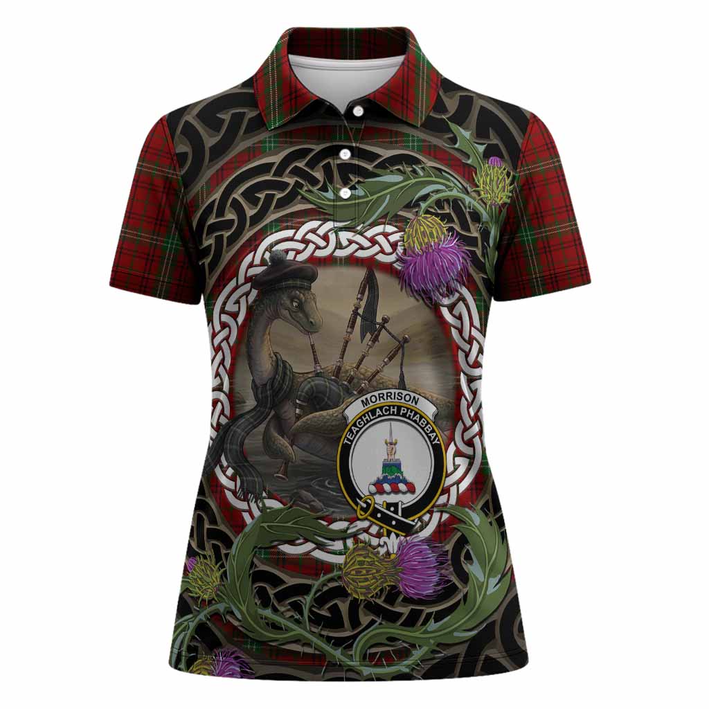 Morrison Tartan Crest Bagpipe Nessie Women Polo Shirt Scottish Loch Ness Monster Celtic Thistle