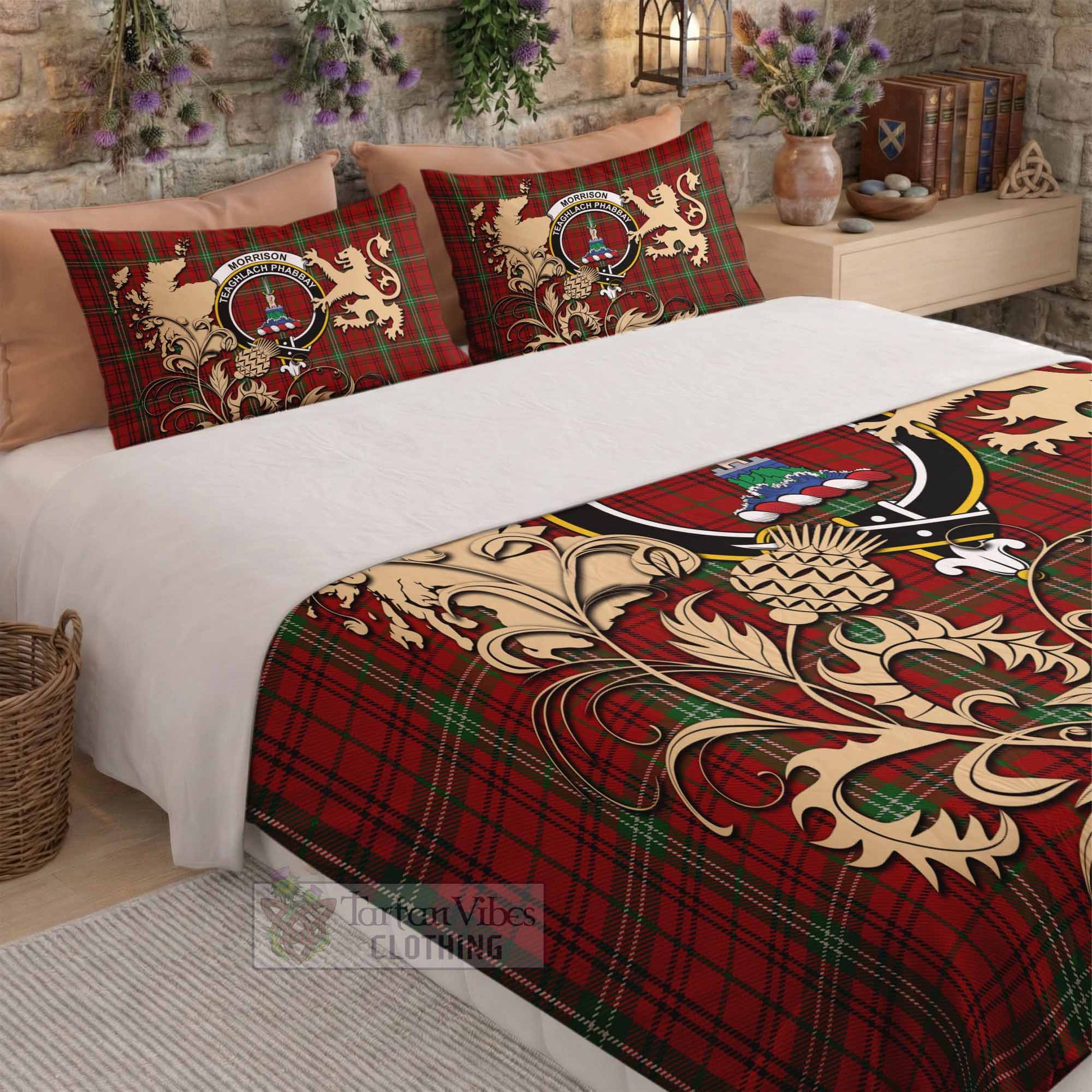 Morrison Tartan Crest Bedding Set with Scottish Iconic Symbols 