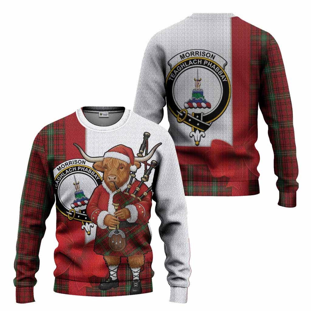 Morrison Tartan Crest Christmas Christmas Ugly Sweater Highland Cow Bagpipes Coquette Bow Style