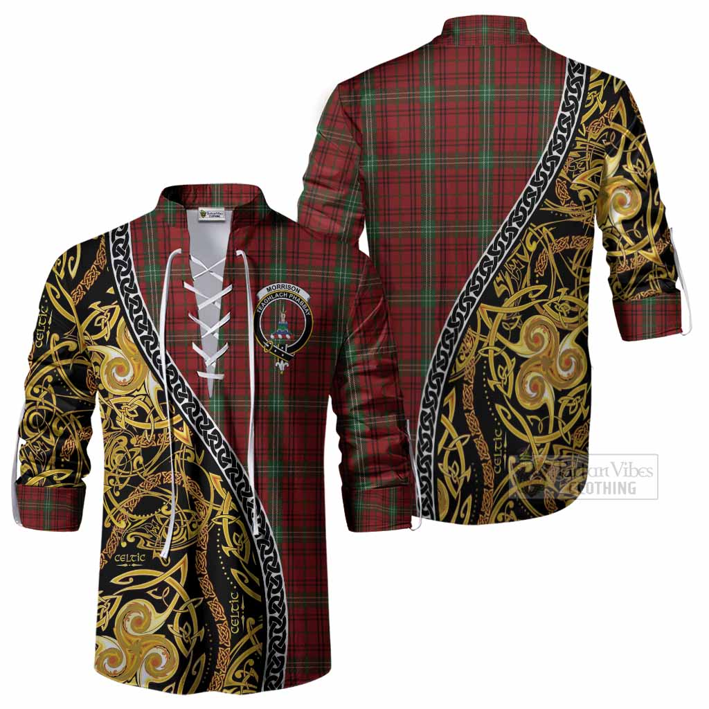 Morrison Tartan Crest Ghillie Shirt Celtic Knot and Triple Trickle Spiral Symbols