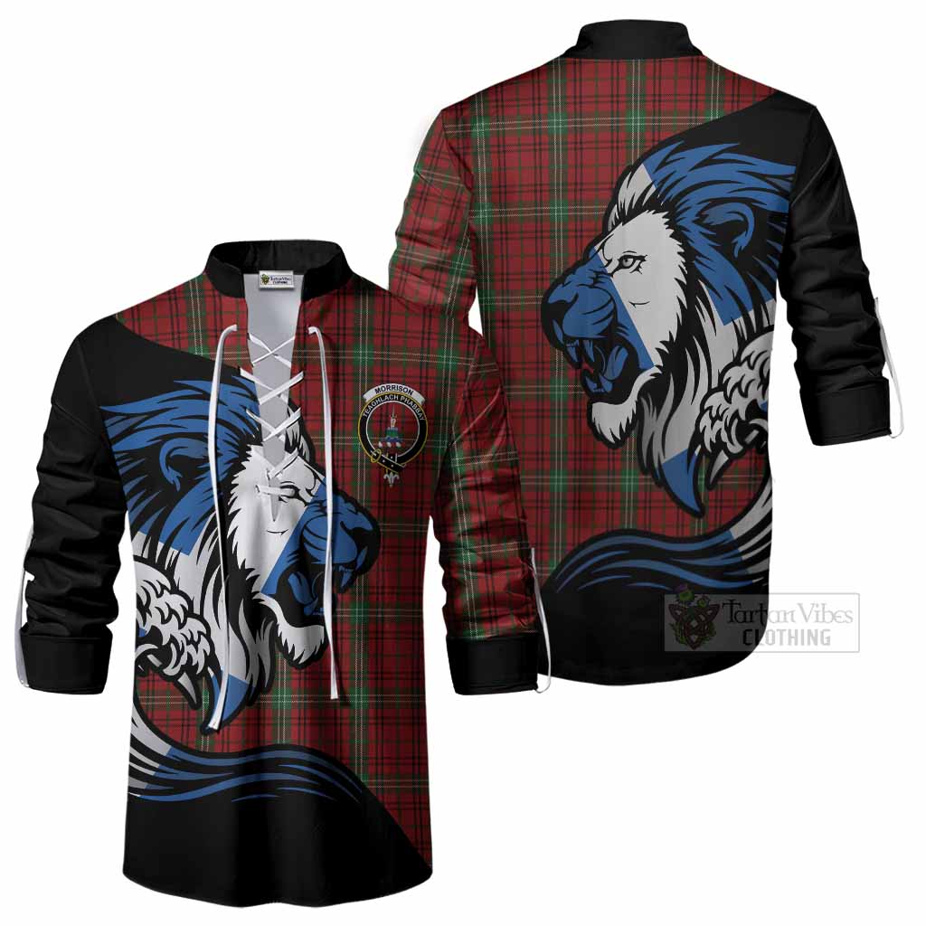 Morrison Tartan Crest Ghillie Shirt Scottish Golden Lions Wave Flow