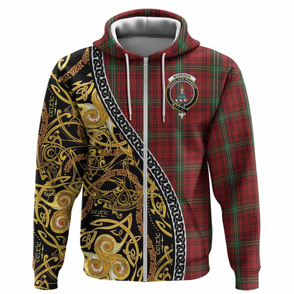 Morrison Tartan Crest Hoodie Celtic Knot and Triple Trickle Spiral Symbols