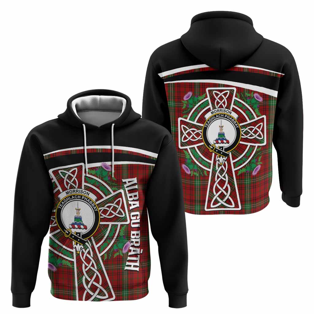 Morrison Tartan Crest Hoodie Scottish Thistle Celtic Cross Alba Gu Brath