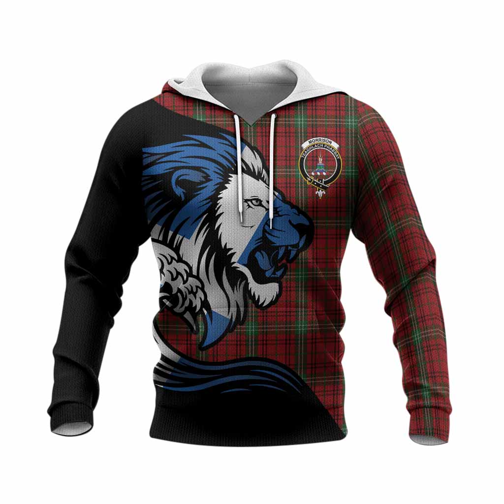 Morrison Tartan Crest Knitted Hoodie Scottish Golden Lions Wave Flow