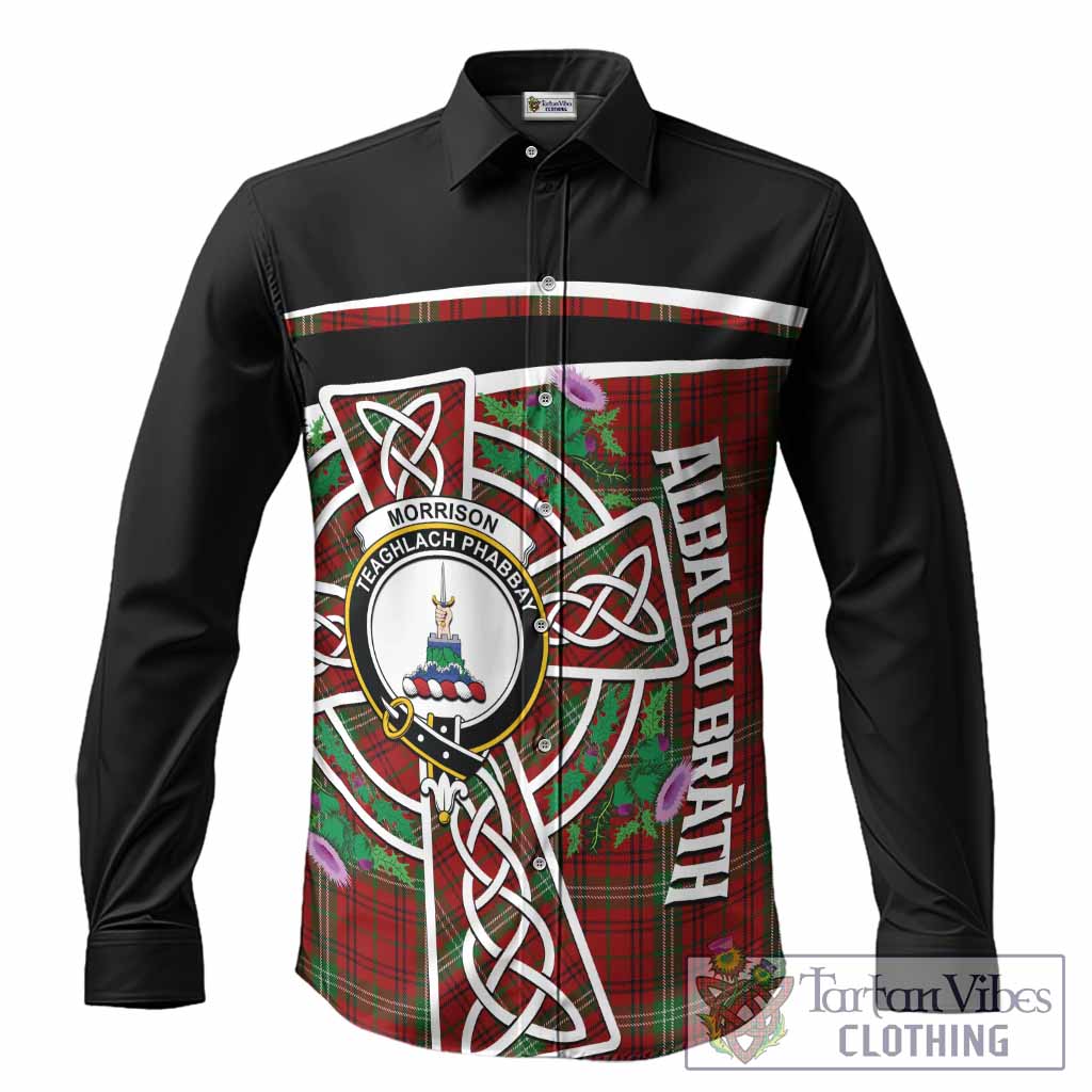 Morrison Tartan Crest Long Sleeve Button Shirts Scottish Thistle Celtic Cross Alba Gu Brath