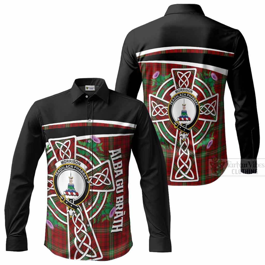 Morrison Tartan Crest Long Sleeve Button Shirts Scottish Thistle Celtic Cross Alba Gu Brath