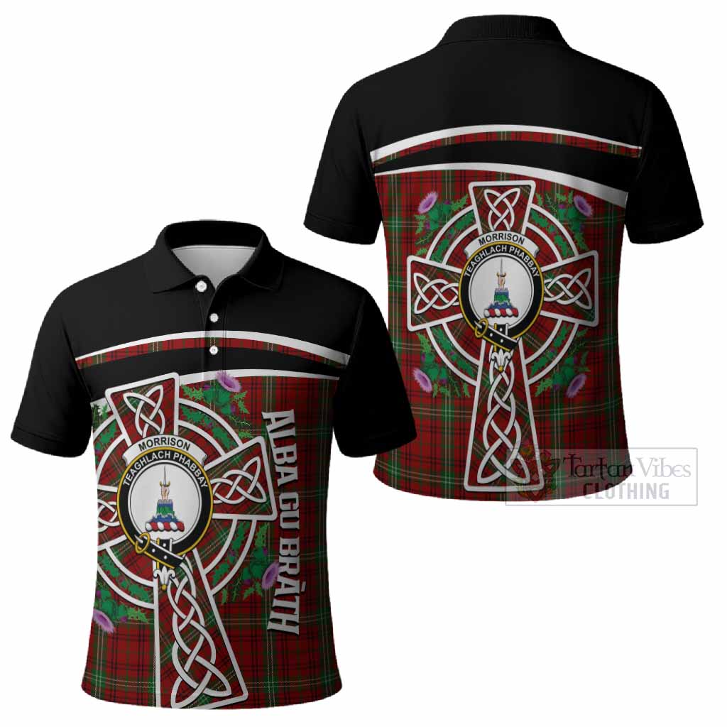 Morrison Tartan Crest Polo Shirt Scottish Thistle Celtic Cross Alba Gu Brath