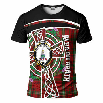 Morrison Tartan Crest T-Shirt Scottish Thistle Celtic Cross Alba Gu Brath