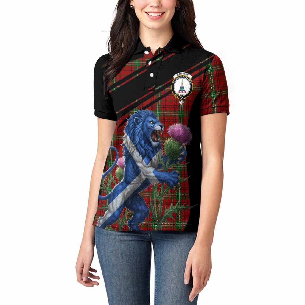 Morrison Tartan Crest Women Polo Shirt Scottish Lion Rampant Thistle