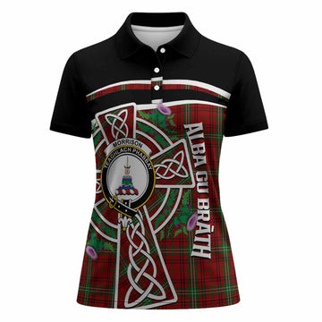Morrison Tartan Crest Women Polo Shirt Scottish Thistle Celtic Cross Alba Gu Brath
