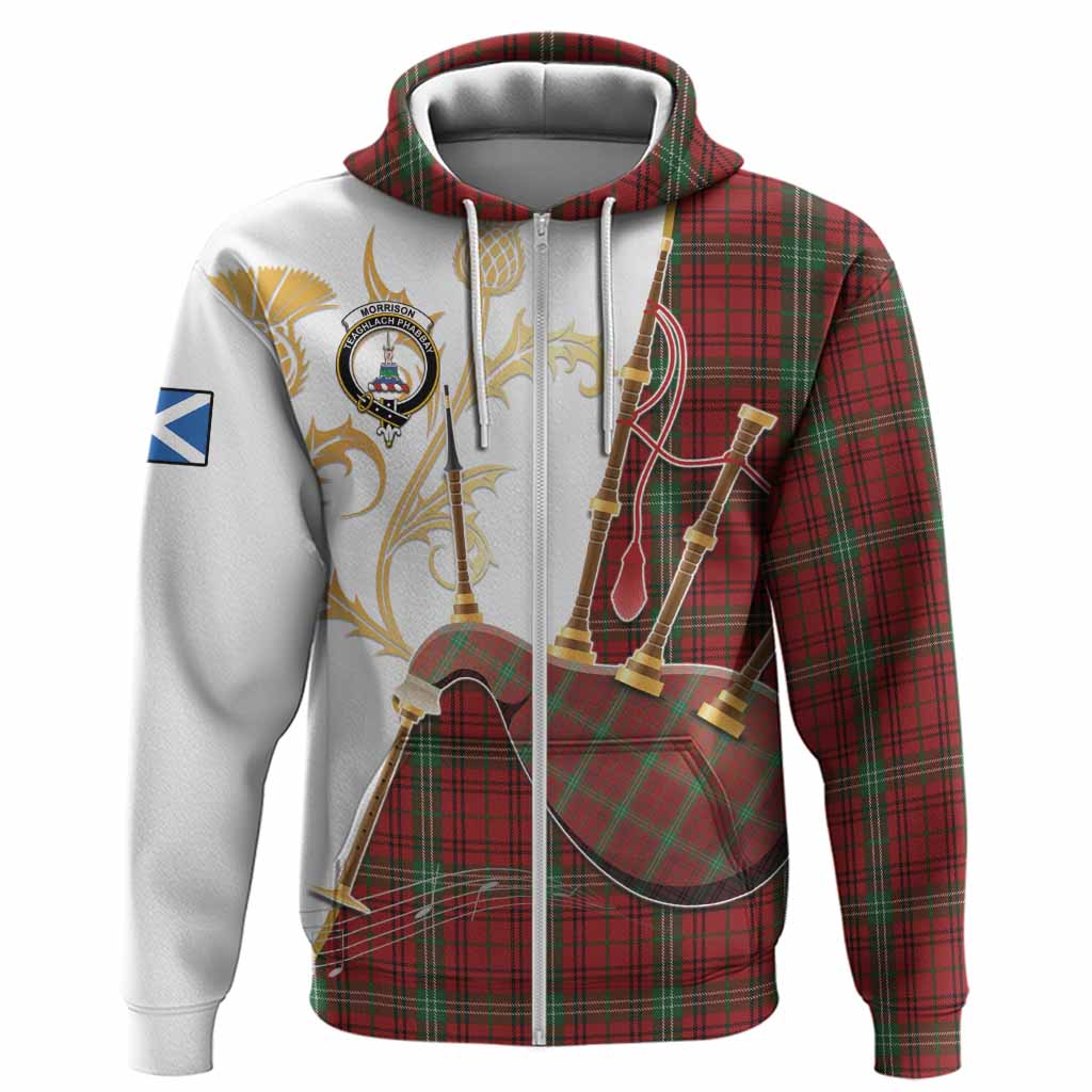 Morrison Tartan Family Crest Hoodie Bagpipes with Scottish Thistle