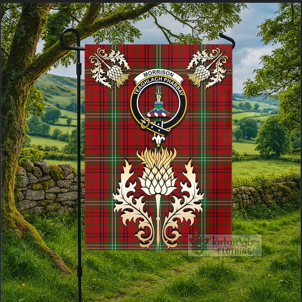 Morrison Tartan Garden Flag with Golden Regal Scottish Thistle Emblem - Tartan Vibes Clothing