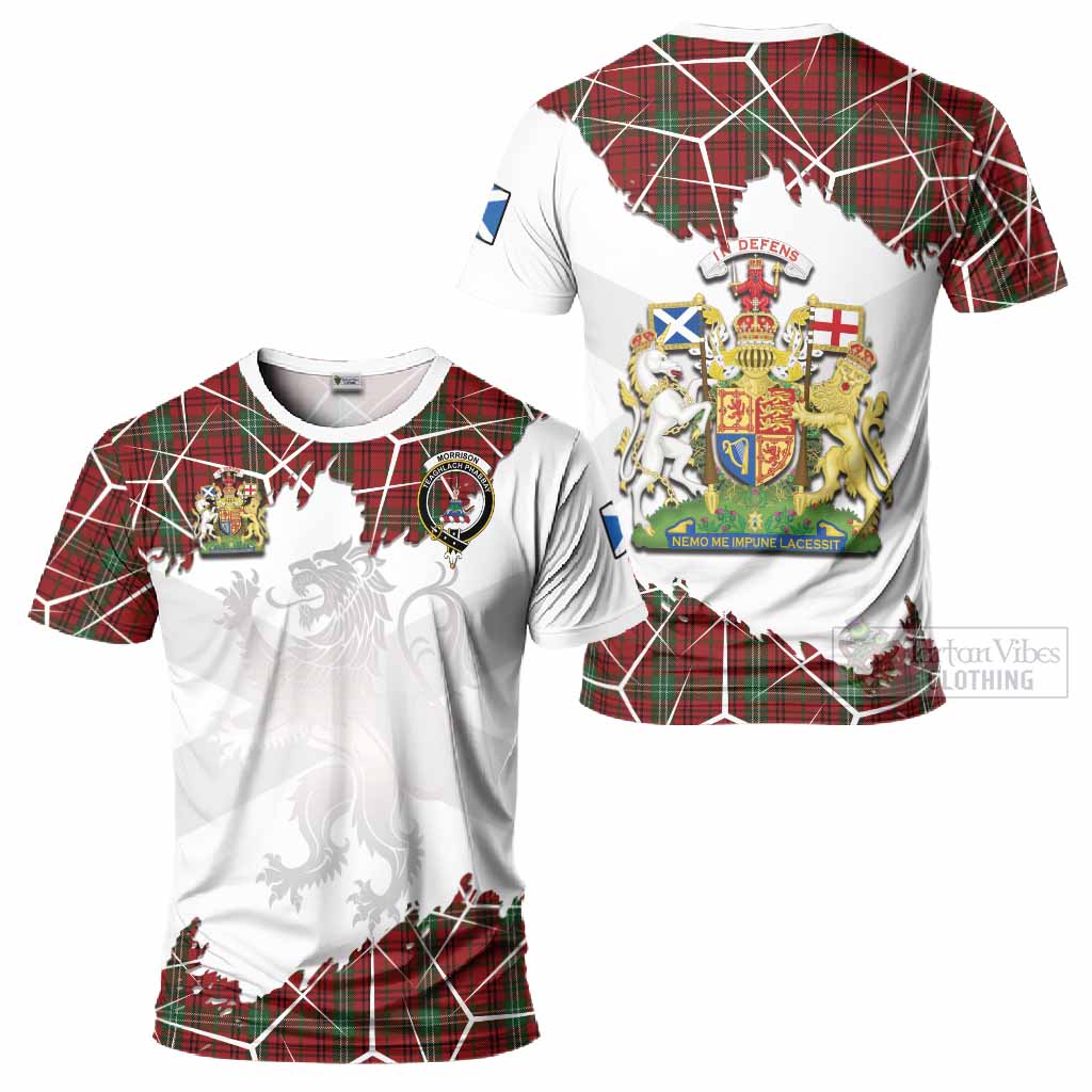 Morrison Tartan T-Shirt with Family Crest and Lion Rampant Grunge Style