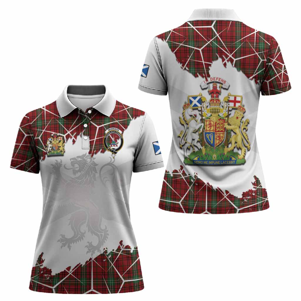 Morrison Tartan Women Polo Shirt with Family Crest and Lion Rampant Grunge Style
