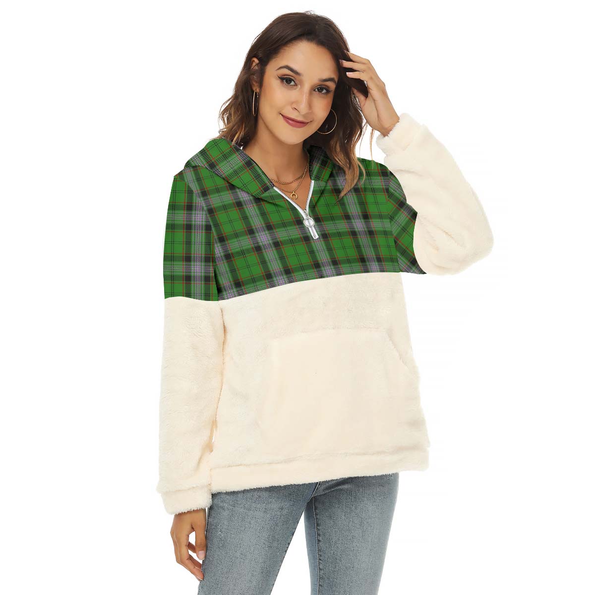 Moss Tartan Half Style Women's Borg Fleece Hoodie with Half Zip Female - Tartan Vibes Clothing