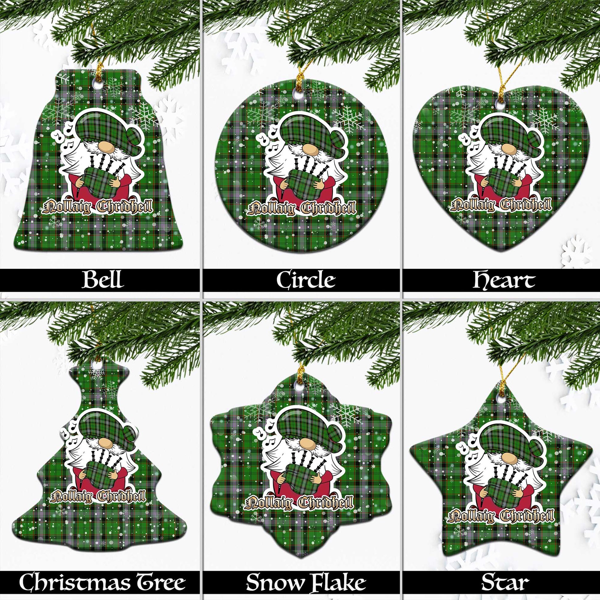 Moss Tartan Christmas Ceramic Ornaments with Scottish Gnome Playing Bagpipes Ceramic - Tartan Vibes Clothing