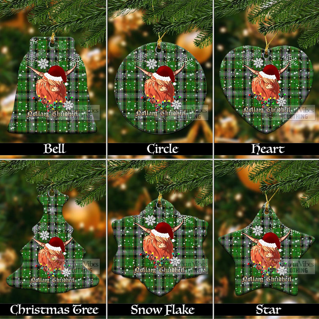 Moss Tartan Christmas Ceramic Ornaments with Twinkle Highland Cattle Ceramic - Tartan Vibes Clothing