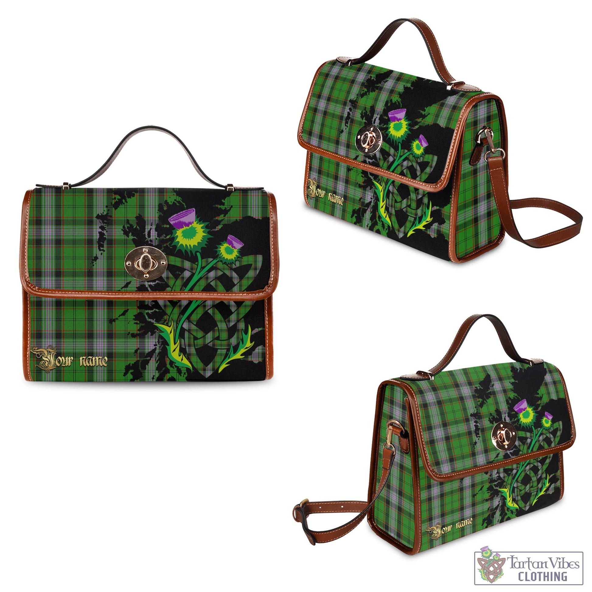 Tartan Vibes Clothing Moss Tartan Waterproof Canvas Bag with Scotland Map and Thistle Celtic Accents