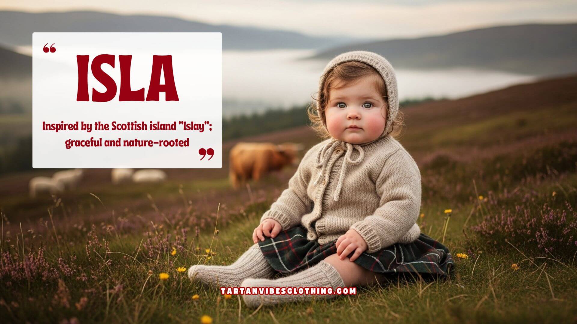 Baby girl wearing a wool sweater and tartan kilt sitting in a Scottish highland meadow, with the name “Isla” and text explaining its Scottish origin from the island “Islay.”