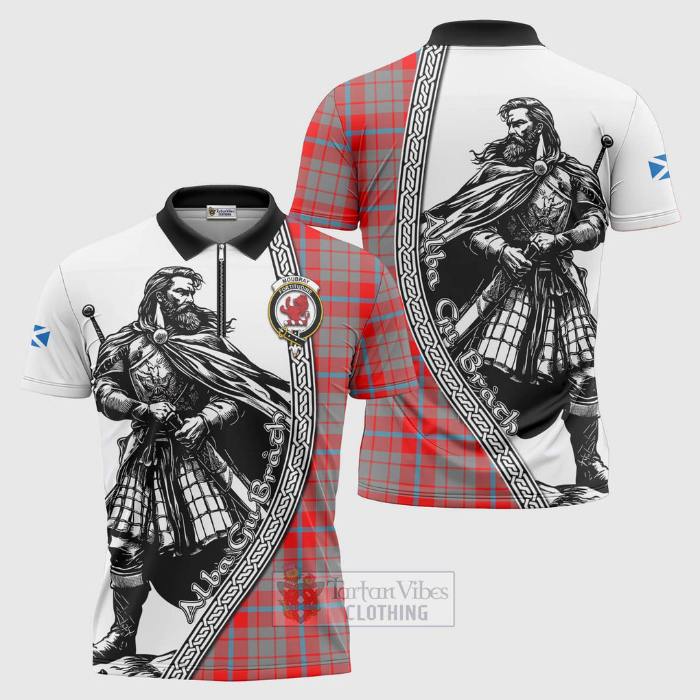 Moubray Tartan Clan Crest Zipper Polo Shirt with Highlander Warrior Celtic Style Unisex - Tartan Vibes Clothing
