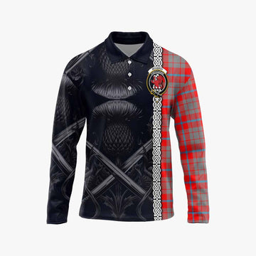 Moubray Tartan Long Sleeve Polo Shirt with Family Crest Cross Sword Thistle Celtic Vibes Unisex - Tartan Vibes Clothing