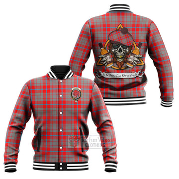 Moubray Tartan Baseball Jacket with Family Crest and Bearded Skull Holding Bottles of Whiskey Unisex - Tartan Vibes Clothing