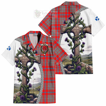 Moubray Tartan Hawaiian Shirt with Family Crest and St. Andrew's Cross Accented by Thistle Vines Kid - Tartan Vibes Clothing