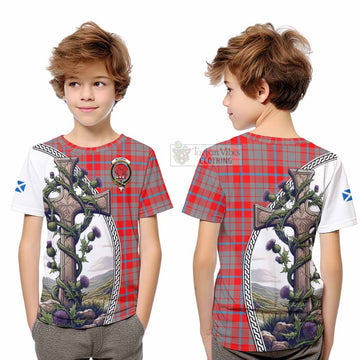 Moubray Tartan Kid T-Shirt with Family Crest and St. Andrew's Cross Accented by Thistle Vines Youth XL Size14 - Tartan Vibes Clothing