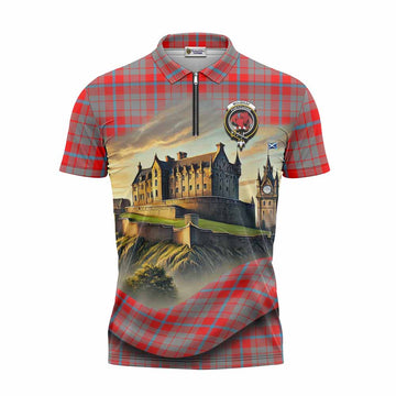 Moubray Tartan Family Crest Zipper Polo Shirt with Scottish Ancient Castle Style Unisex - Tartan Vibes Clothing