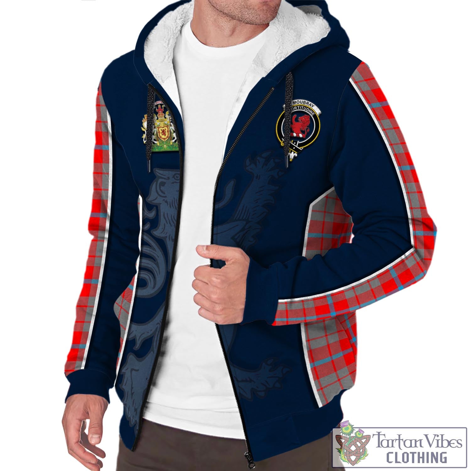 Tartan Vibes Clothing Moubray Tartan Sherpa Hoodie with Family Crest and Lion Rampant Vibes Sport Style