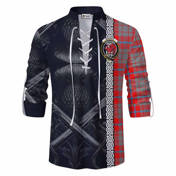 Moubray Tartan Ghillie Kilt Shirt with Family Crest Cross Sword Thistle Celtic Vibes Men - Tartan Vibes Clothing