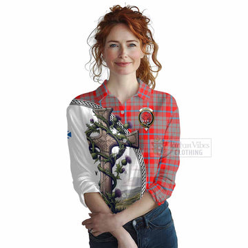 Moubray Tartan Women's Casual Shirt with Family Crest and St. Andrew's Cross Accented by Thistle Vines Female - Tartan Vibes Clothing