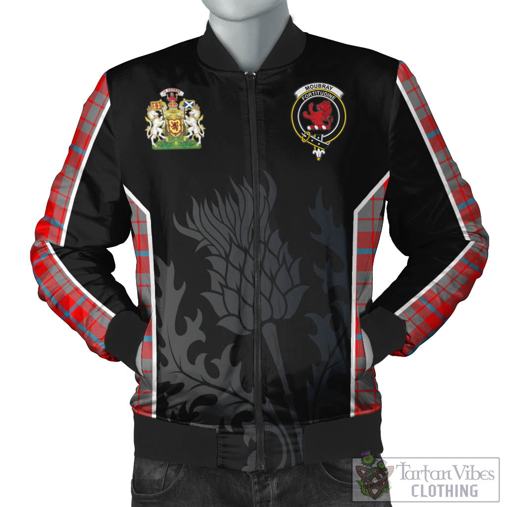Moubray Tartan Bomber Jacket with Family Crest and Scottish Thistle Vibes Sport Style Unisex Black - Tartan Vibes Clothing