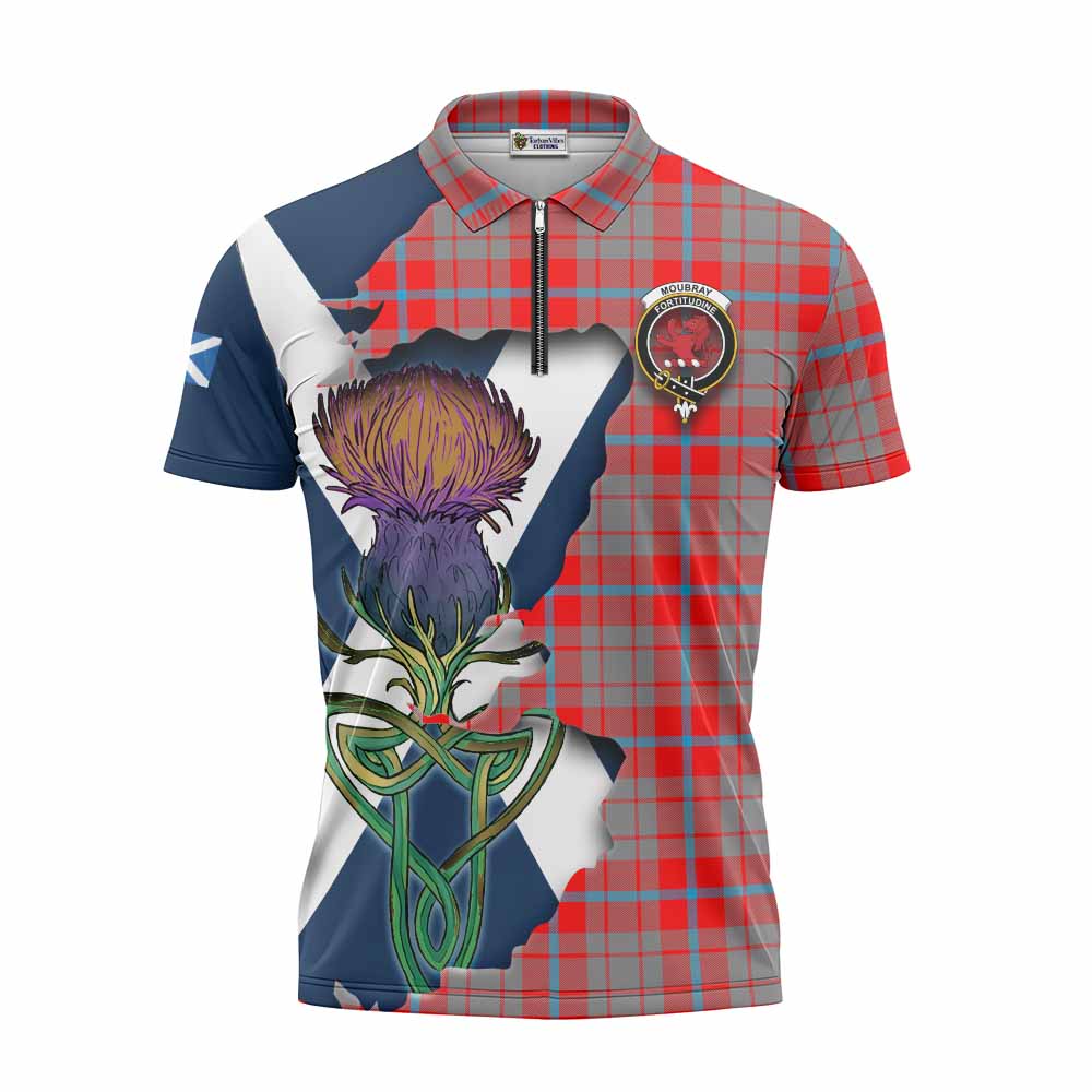 Moubray Tartan Family Crest Zipper Polo Shirt Scottish Thistle Celtic Inspired Unisex - Tartan Vibes Clothing